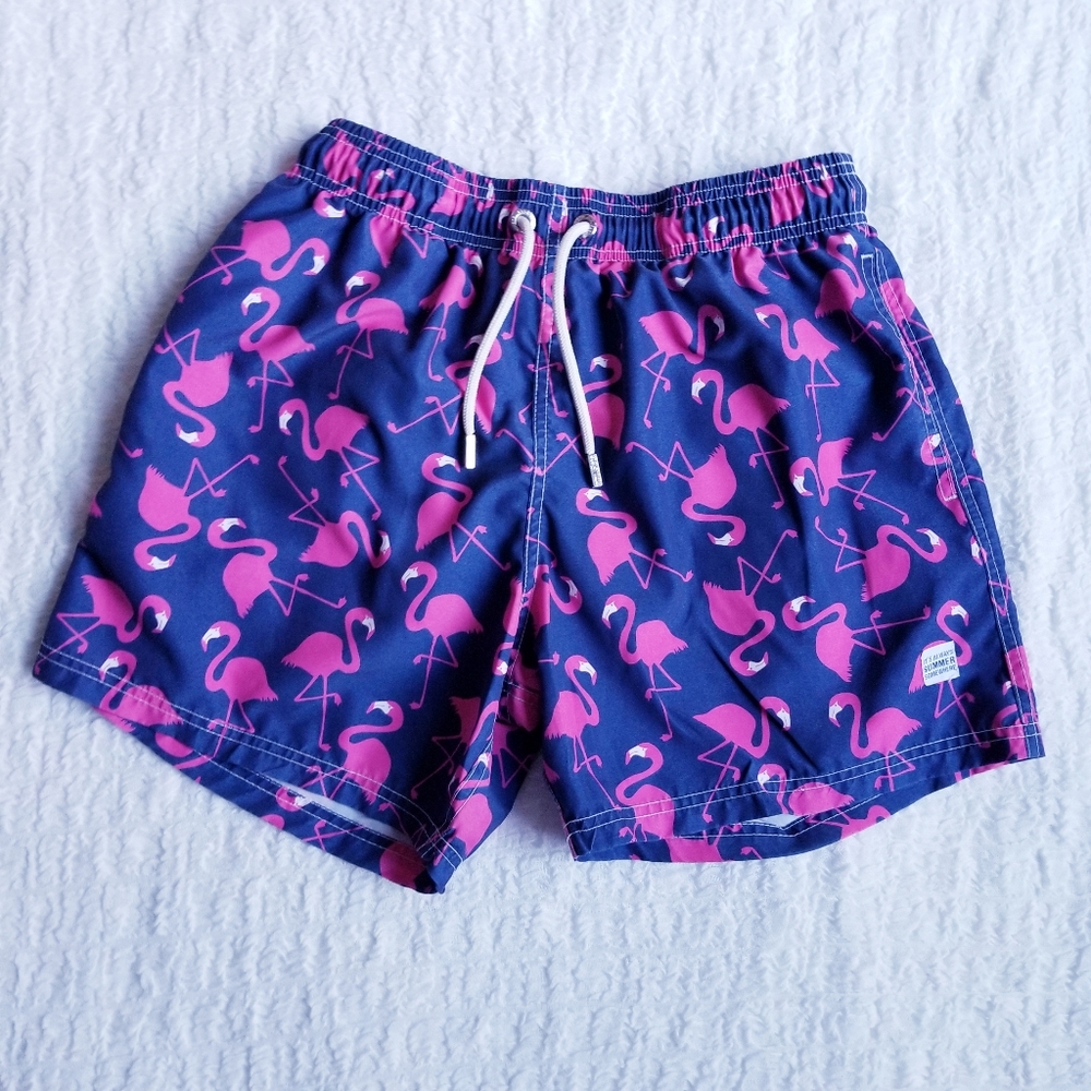azul siete Swim Shorts Flamingo Print on Blue Background